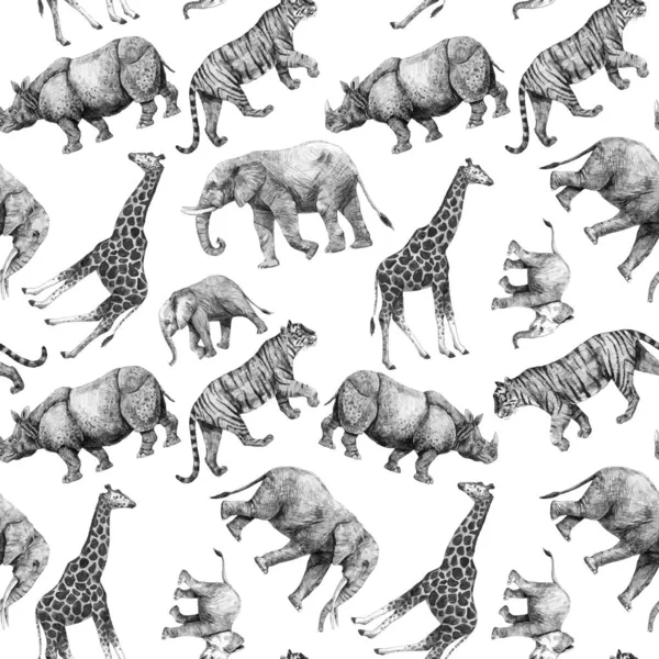 Beautiful vector stock seamless pattern with cute hand drawn safari giraffe elephant tiger monkey rhinoanimal pencil illustrations. — Stock Vector