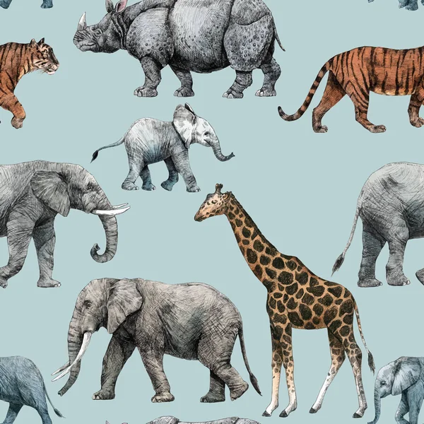 Vackra vektor lager sömlöst mönster med söta handritade safari giraff elefant tiger apa noshörning penna illustrationer. — Stock vektor