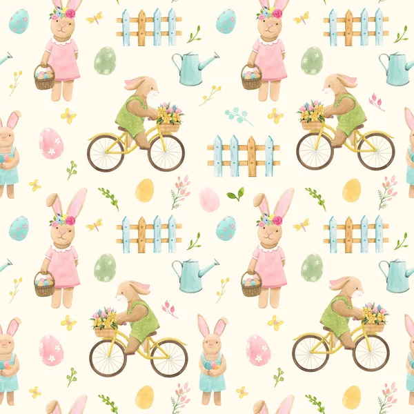Beautiful seamless pattern with watercolor cute bunny boy on bike with basket of flowers and rabbit girl.