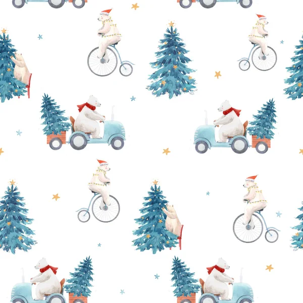 Elle çizilmiş suluboya şirin kutup ayısı resimleriyle kusursuz güzel bir Noel deseni..