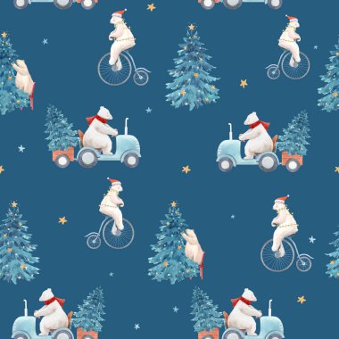 Elle çizilmiş suluboya şirin kutup ayısı resimleriyle kusursuz güzel bir Noel deseni..