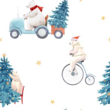 Elle çizilmiş suluboya şirin kutup ayısı resimleriyle kusursuz güzel bir Noel deseni..