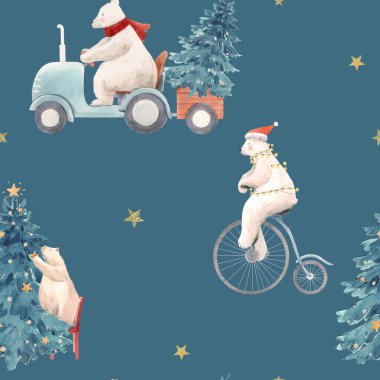 Elle çizilmiş suluboya şirin kutup ayısı resimleriyle kusursuz güzel bir Noel deseni..