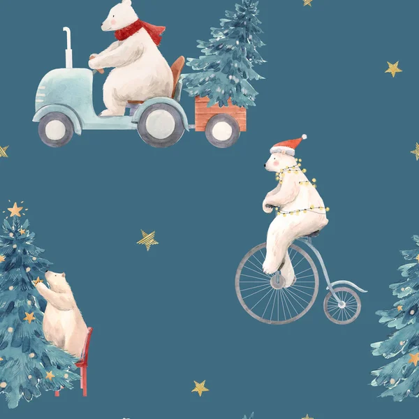Piękne Boże Narodzenie bezszwowy wzór z ręcznie rysowane akwarela cute niedźwiedź polarny ilustracje. — Zdjęcie stockowe