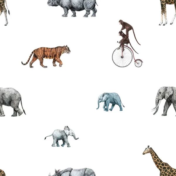 Magnifique modèle sans couture de stock vectoriel avec mignon safari main girafe éléphant tigre singe rhinoanimal crayon illustrations. — Image vectorielle