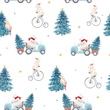 Elle çizilmiş suluboya şirin kutup ayısı çizimleriyle kusursuz bir noel deseni..