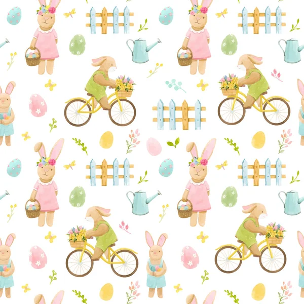 Magnifique motif vectoriel sans couture avec aquarelle mignon garçon lapin sur vélo avec panier de fleurs et fille lapin. — Image vectorielle