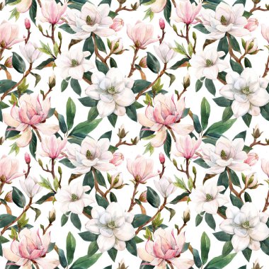 Elle çizilmiş suluboya, beyaz ve pembe manolya çiçekleri ile kusursuz bir desen. Stok illüstrasyonu.
