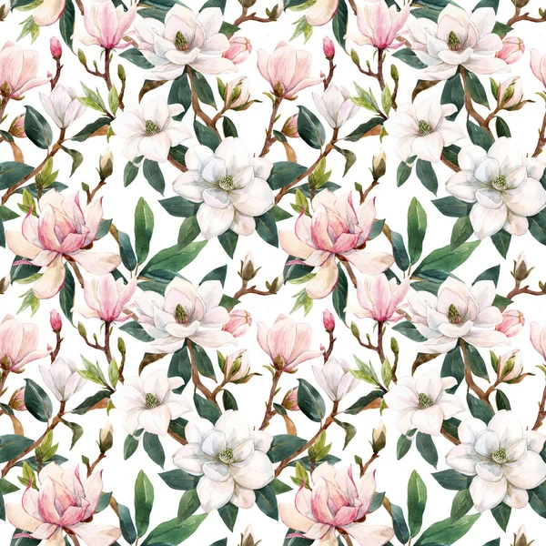 Bel modello senza soluzione di continuità con acquerello disegnato a mano delicati fiori di magnolia bianchi e rosa. Illustrazione delle scorte. — Foto Stock