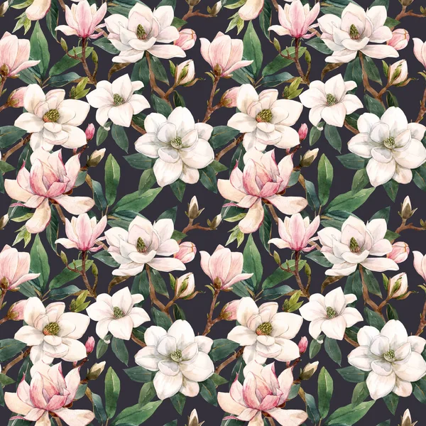Бесшумный узор с нарисованными от руки акварелями с мягкими белыми и розовыми цветками магнолии. Иллюстрация. — стоковое фото