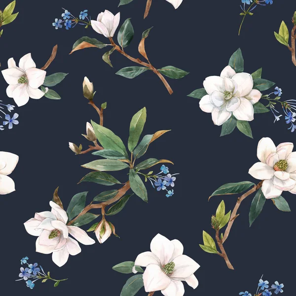 Bellissimo modello senza soluzione di continuità con fiori magnolia bianco acquerello disegnato a mano. Illustrazione delle scorte. — Foto Stock