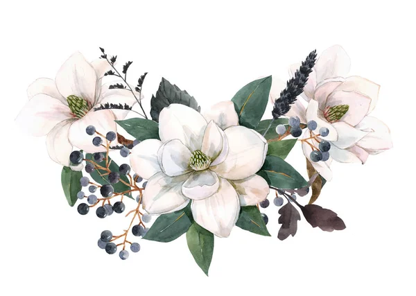 Mooie voorraad illustratie met zachte hand getekende aquarel bloemige samenstelling. Magnolia bloemen. — Stockfoto