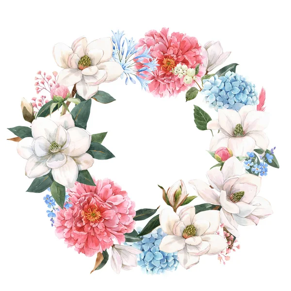 Gyönyörű állomány illusztráció gyengéd kézzel rajzolt akvarell virágkompozíció. Magnólia és hortenzia virágok. — Stock Fotó