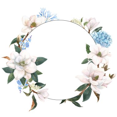 Nazik elle çizilmiş suluboya çiçek kompozisyonu ile güzel bir stok çizimi. Manolya çiçekleri.