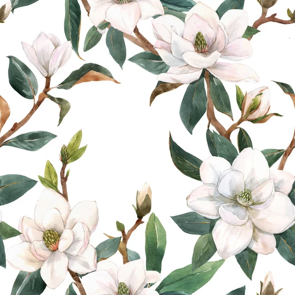 Piękny bezszwowy wzór z ręcznie rysowane akwarela białe kwiaty magnolii. Ilustracja. — Zdjęcie stockowe
