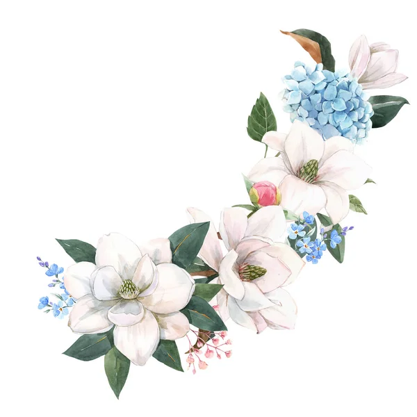 Vacker stock illustration med mild handritad akvarell blommig komposition. Magnolia och hortensia blommor. — Stockfoto