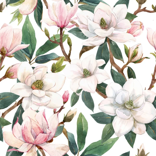 Mooi naadloos patroon met met de hand getrokken aquarel zacht wit en roze magnolia bloemen. Voorraadillustratie. — Stockfoto