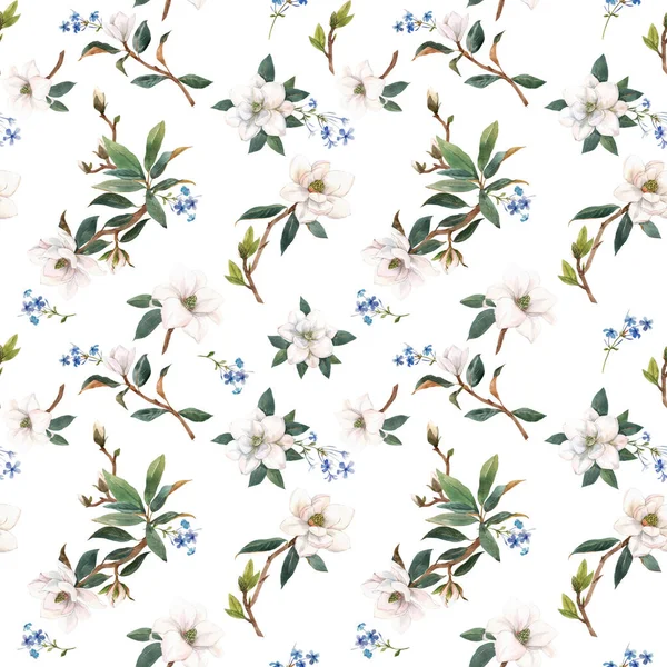 Beautiful seamless pattern with hand drawn watercolor white magnolia flowers. Stock illustration. — Stock Photo, Image