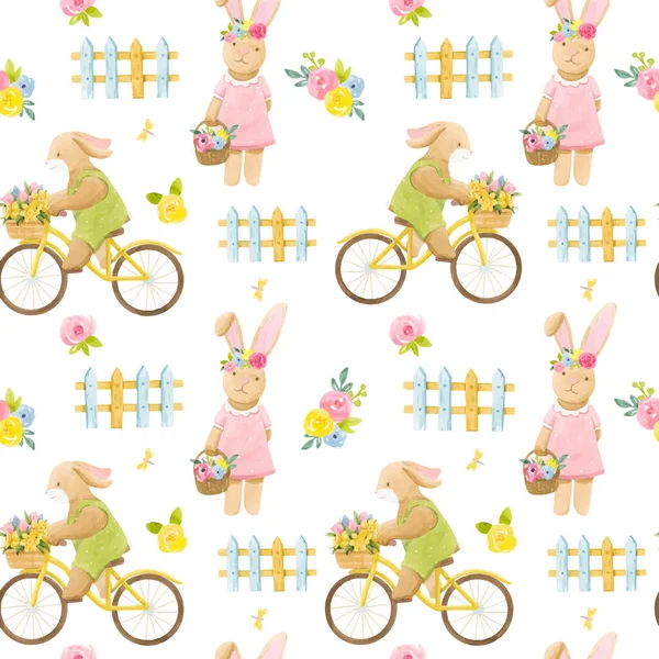 Mooie vector naadloze patroon met aquarel schattig konijntje op de fiets met mand van bloemen en konijn meisje. — Stockvector