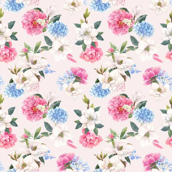 Hermoso patrón sin costuras con acuarela dibujada a mano suave magnolia blanca y flores de hortensias. Ilustración general. —  Fotos de Stock