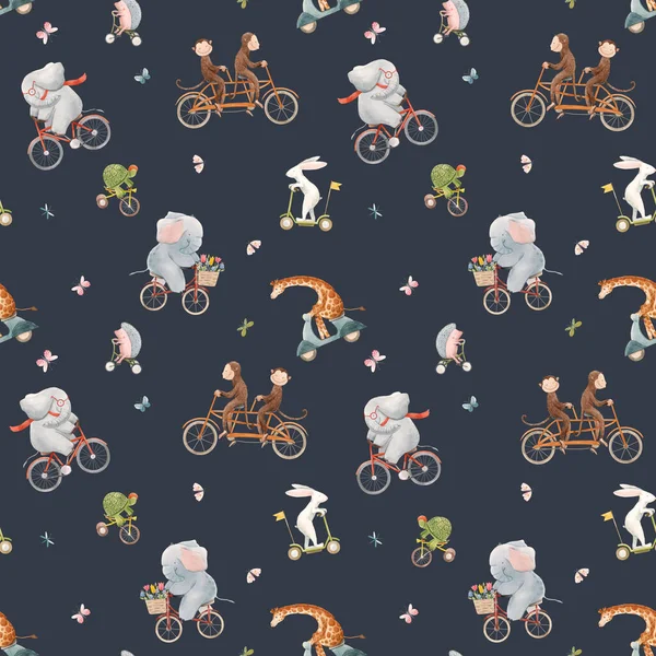 Beautiful seamless pattern for children with watercolor hand drawn cute animals on transport. Stock illustration. — Stock Photo, Image