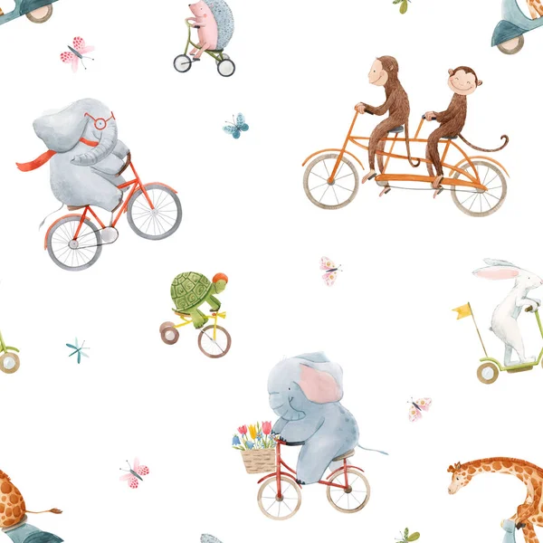 Beautiful seamless pattern for children with watercolor hand drawn cute animals on transport. Stock illustration. — Stock Photo, Image