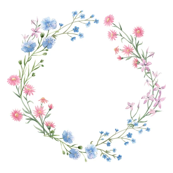 Belle couronne florale avec aquarelle dessinée à la main doux printemps fleurs. Illustration de stock. — Photo