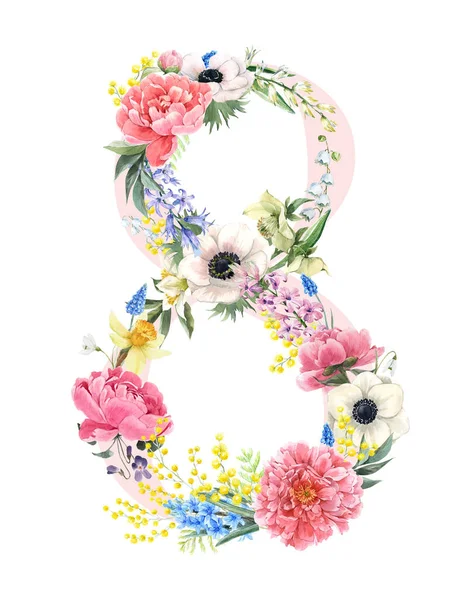 Mooie bloemige compositie met aquarel hand getrokken zachte lentebloemen voor internationale vrouwendag. Voorraadillustratie. 8 maart — Stockfoto