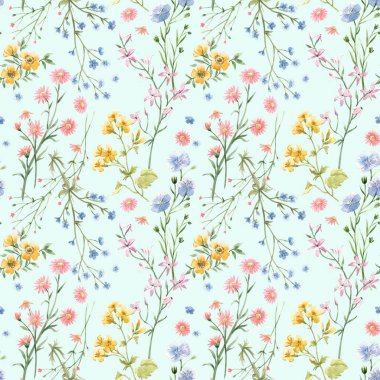 Güzel, pürüzsüz çiçek deseni suluboya, narin bahar çiçekleri. Stok illüstrasyonu.