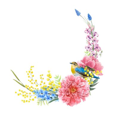 Suluboya elle çizilmiş güzel bir çiçek çelengi, yaz çiçekleri. Stok illüstrasyonu.