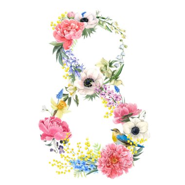 Suluboya elli güzel çiçek kompozisyonu uluslararası kadınlar günü için narin bahar çiçekleri çizdi. Stok çizimi. 8 Mart