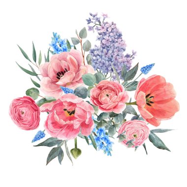 Tatlı kırmızı yaz çiçekleriyle suluboya güzel bir çiçek kompozisyonu. Stok buket çizimi.