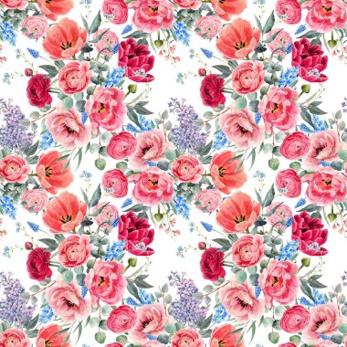 Güzel, pürüzsüz çiçek deseni suluboya, yumuşak kırmızı yaz çiçekleri. Stok illüstrasyonu.