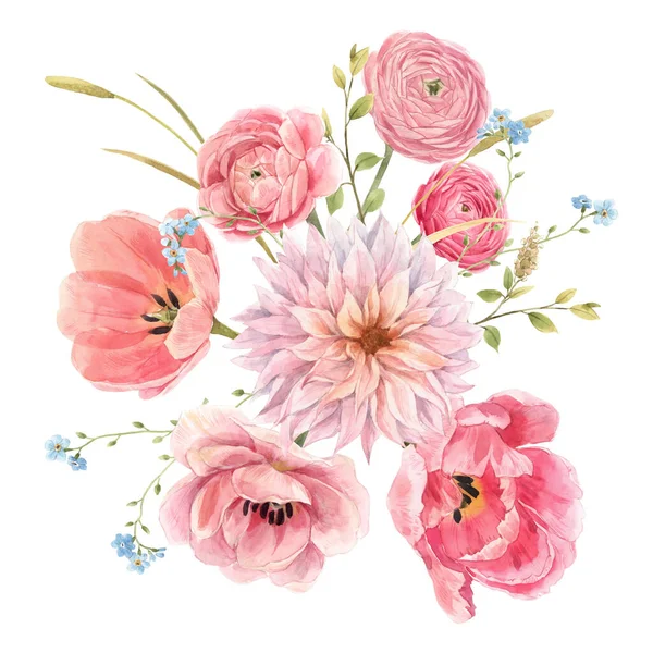 Belle composition florale avec aquarelle doux fleurs rouges d'été. Illustration bouquet stock. — Photo