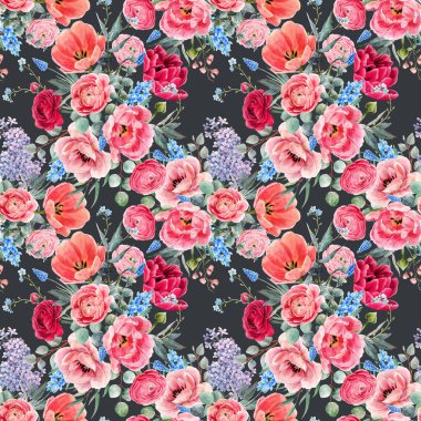 Güzel, pürüzsüz çiçek deseni suluboya, yumuşak kırmızı yaz çiçekleri. Stok illüstrasyonu.