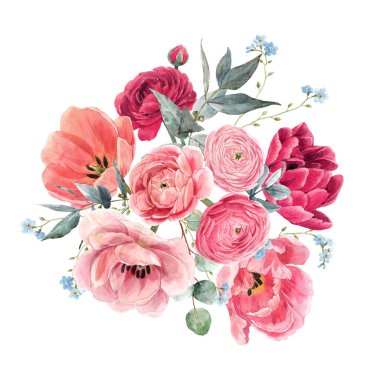 Tatlı kırmızı yaz çiçekleriyle suluboya güzel bir çiçek kompozisyonu. Stok buket çizimi.