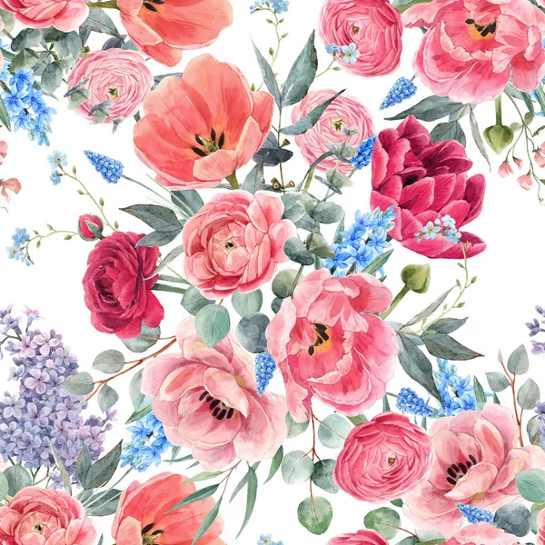 Бесшовный цветочный узор с акварелью нежных красных летних цветов. Иллюстрация. — стоковое фото