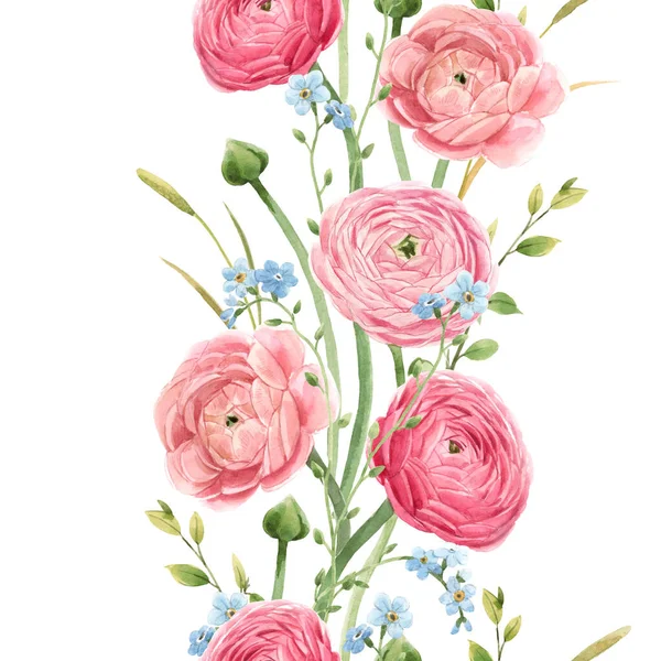 Вертикальный бесшовный цветочный узор с акварельными нежными красными летними цветками. Иллюстрация. — стоковое фото