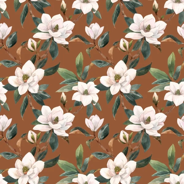 Magnifique motif vectoriel sans couture avec aquarelle dessinée à la main fleurs magnolia blanc. Illustration de stock. — Image vectorielle