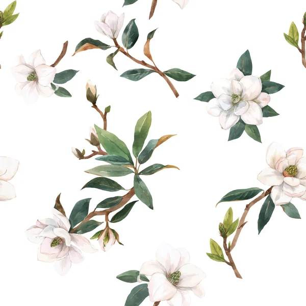 Bellissimo modello vettoriale senza soluzione di continuità con acquerello disegnato a mano fiori di magnolia bianca. Illustrazione delle scorte. — Vettoriale Stock