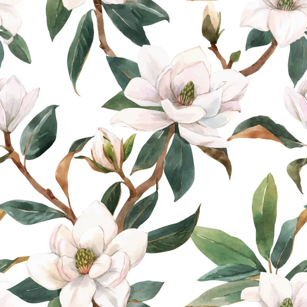 Beautiful vector seamless pattern with hand drawn watercolor white magnolia flowers. Stock illustration. — Stock Vector