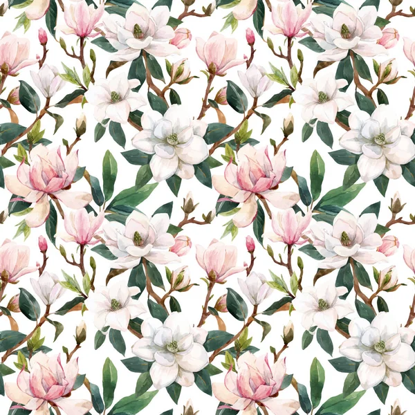 Hermoso patrón inconsútil vector con acuarela dibujada a mano suaves flores magnolia blancas y rosadas. Ilustración general. — Vector de stock