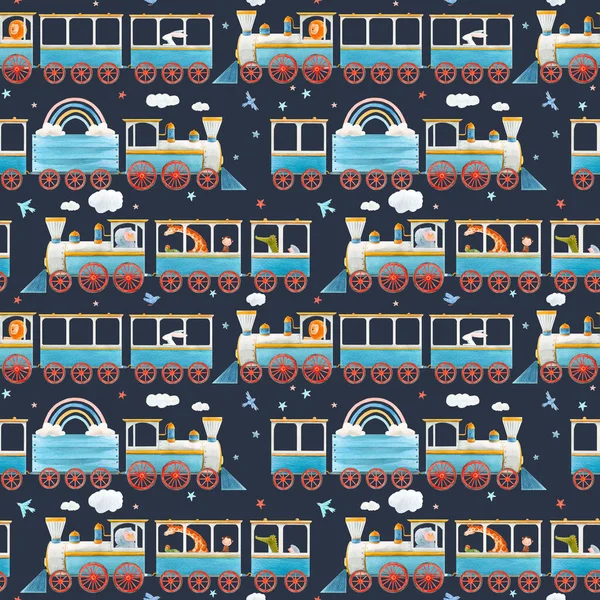 Beautiful seamless baby pattern with cute watercolor trains. Stock illustration. — Stock Photo, Image