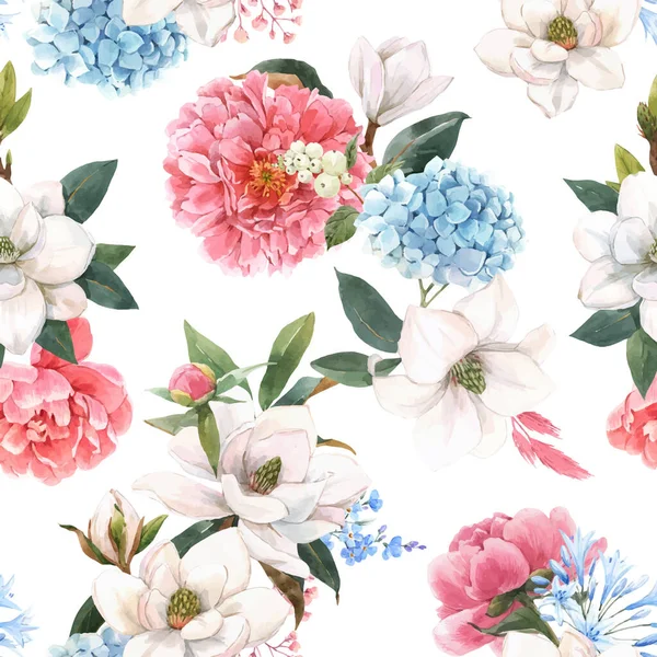 Hermoso patrón inconsútil vector con acuarela dibujada a mano suave magnolia blanca y flores de hortensias. Ilustración general. — Vector de stock