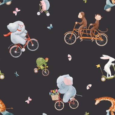 Elleri suluboya olan çocuklar için güzel vektörsüz desen taşınırken sevimli hayvanlar çizilmiş. Stok illüstrasyonu.