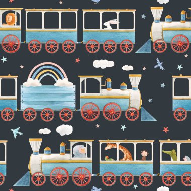 Tatlı suluboya trenleri olan kusursuz bebek desenleri. Stok illüstrasyonu.