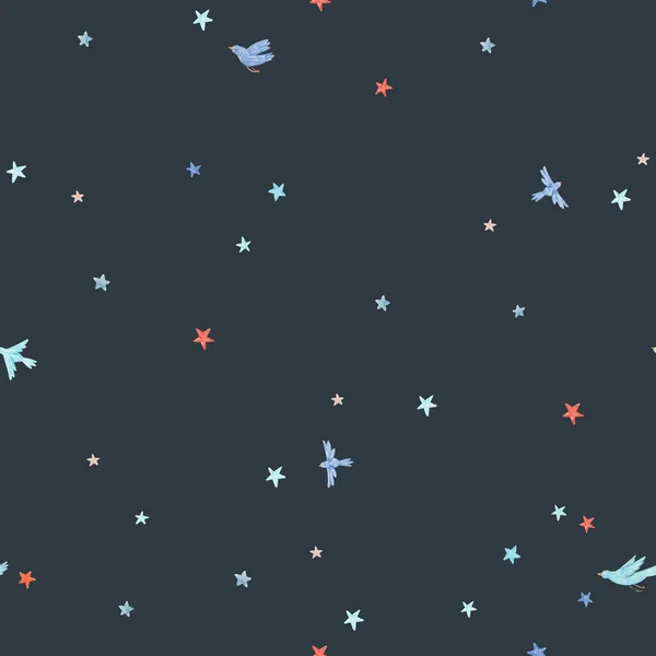 Hermoso patrón sin costuras con lindas aves acuarela y estrellas. Ilustración general. —  Fotos de Stock