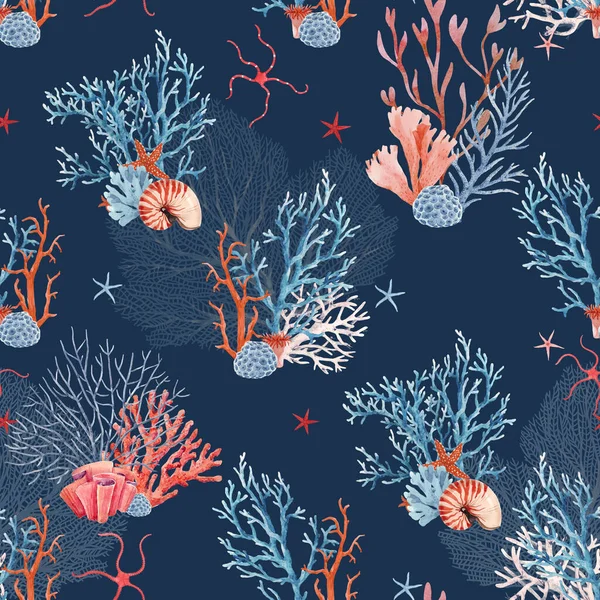 Hermoso patrón submarino sin costuras con acuarela vida marina concha de coral y estrellas de mar. Ilustración general. —  Fotos de Stock