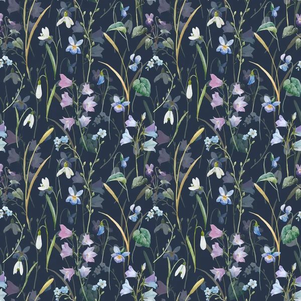 Hermoso vector patrón floral sin costuras con acuarela suave primavera flores de campo azul. Ilustración general. — Archivo Imágenes Vectoriales