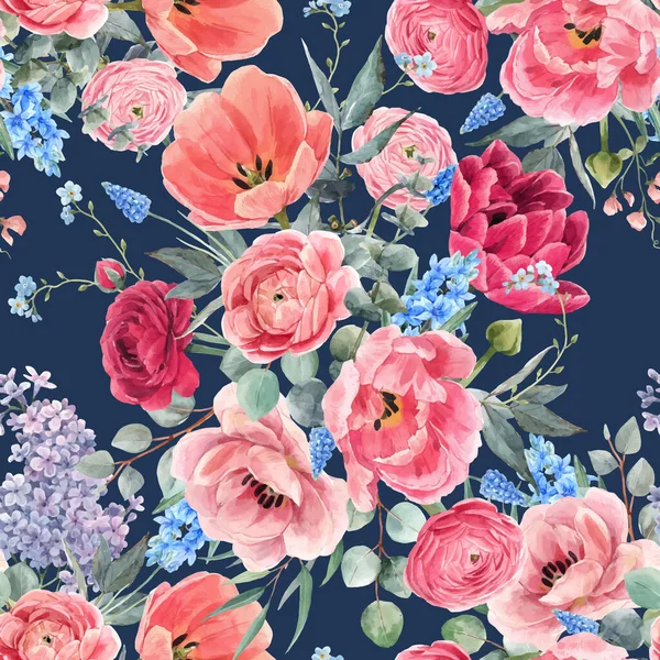 Padrão floral sem costura vetor bonito com aquarela flores de verão vermelho suave. Ilustração das existências. —  Vetores de Stock